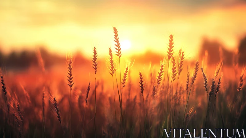 Photorealistic wheat field at golden-hour sunrise composition.