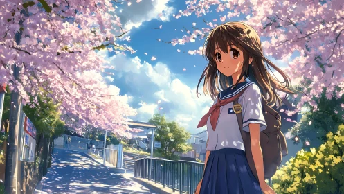Sunlit anime schoolgirl under blooming cherry blossoms in spring