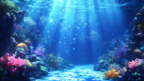 Colorful coral reef under clear blue sunlit water.