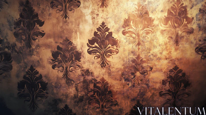 Ornate damask motifs appear on a distressed golden wall