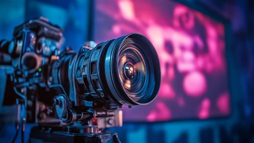 Cinema camera lens glows against neon bokeh studio backdrop