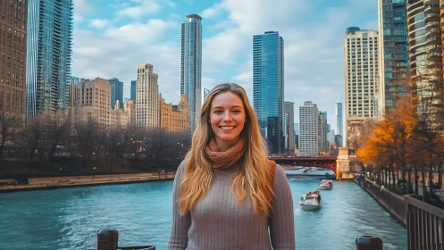 Smiling traveler enjoying a bright day by the city river.