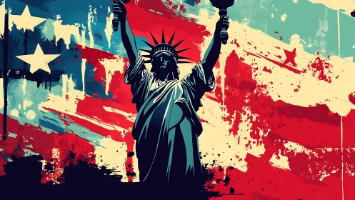 Statue of Liberty silhouette against bold abstract flag.