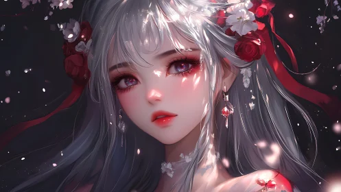 Silver haired anime maiden with floral crimson accents at dusk.