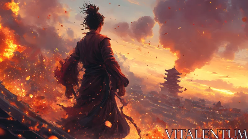 Lone warrior walks through sunset embers toward distant temple.