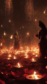 Firelit temple ritual on a river of petals at night.
