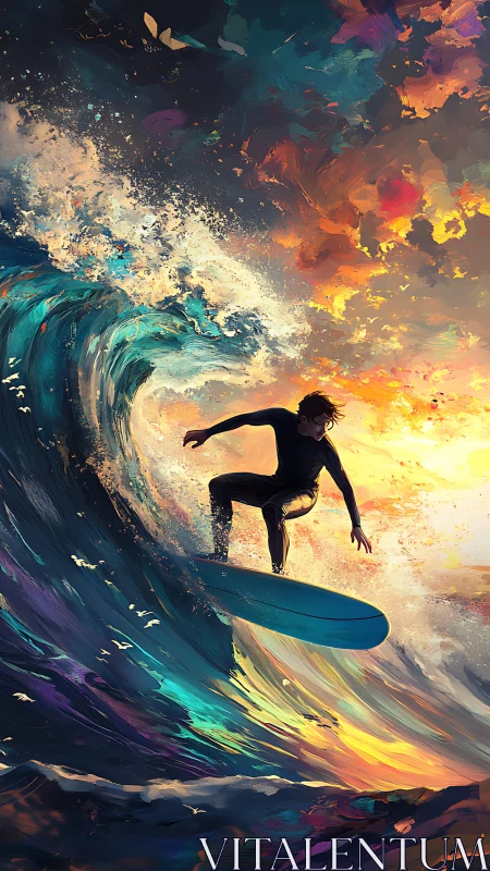 Dynamic digital painting captures surfer against blazing sunset sky
