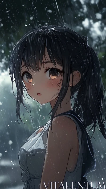 Girl with dark ponytail stands in heavy rain at close range