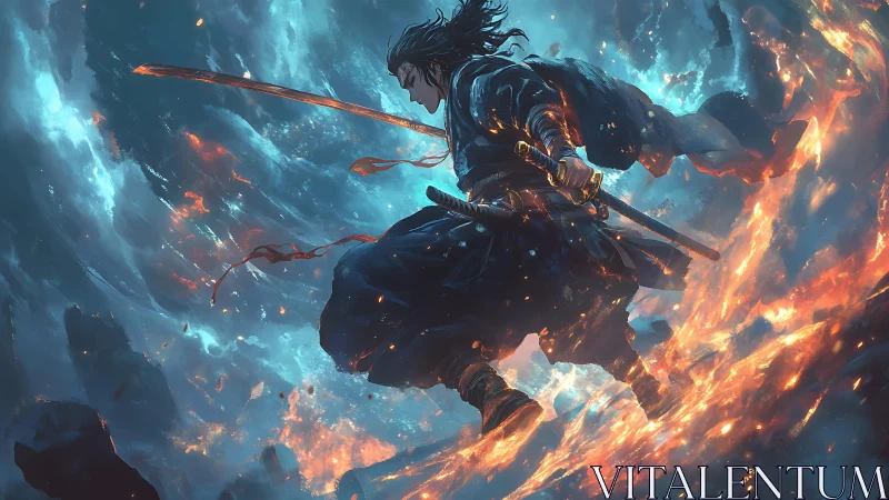 Stormfire samurai leaps through drifting embers and skyfire.