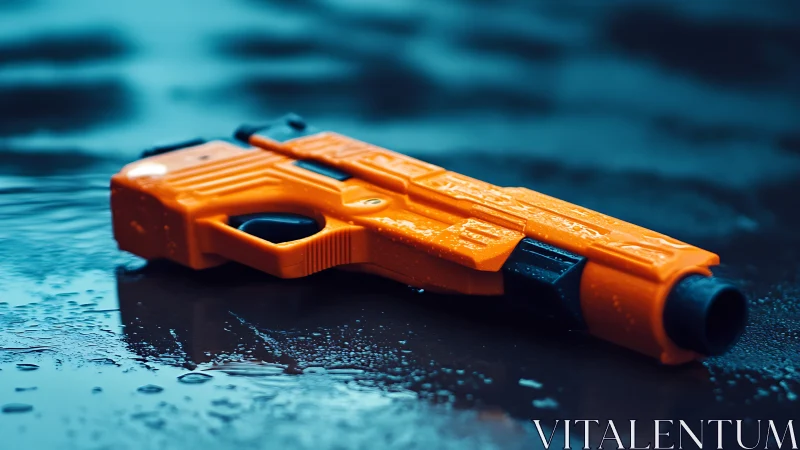 Toy water pistol lies on wet asphalt in cinematic closeup