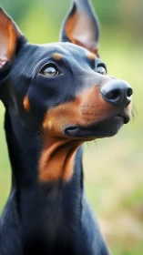 Alert black and tan Doberman in sharp outdoor close-up.