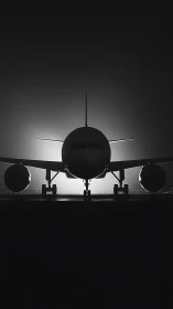 Front silhouette view of large passenger aircraft at night.