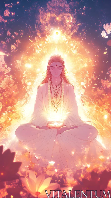 Radiant monk in lotus pose within blazing golden aura.