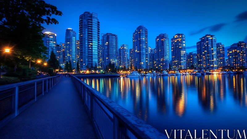 Marina-side highrise skyline with long-exposure blue hour reflections.
