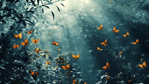 Midnight glade of ember-bright butterflies in quiet orbit.