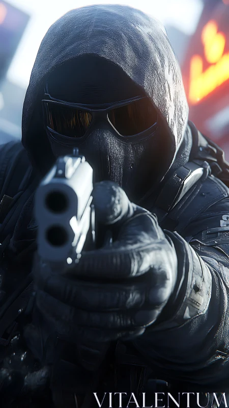 Hooded armed figure in close frontal handgun viewpoint.