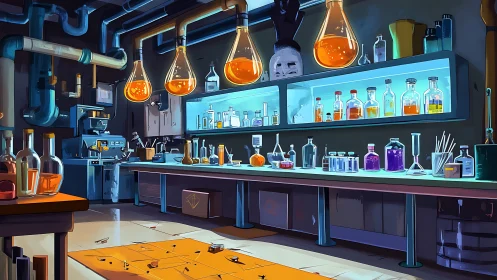 Cozy alchemist’s lab glowing with colorful glass potions.
