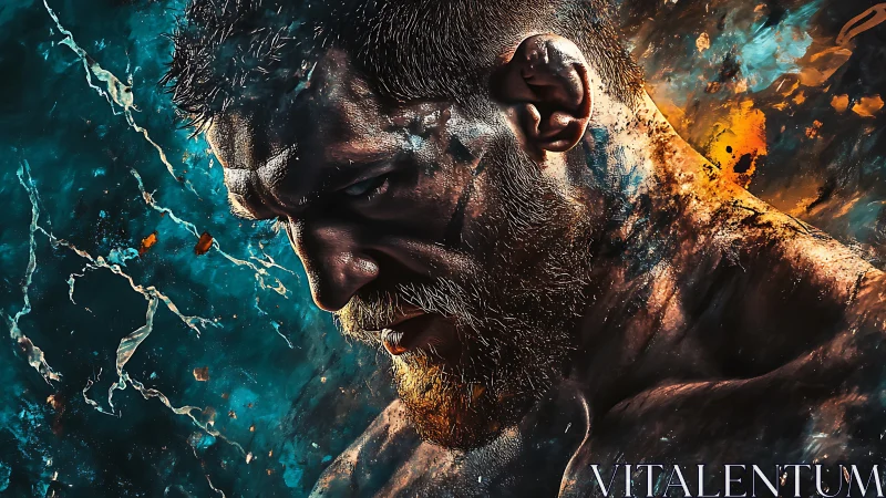 Battle-scarred fighter portrait glows amid abstract flames