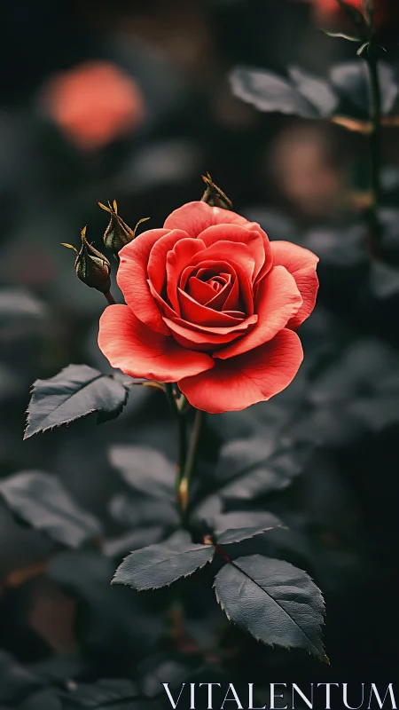 Coral Rose with Buds Against Dark Garden Backdrop.