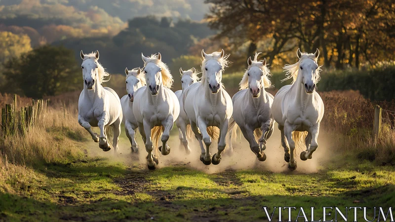 Galloping white horses on rural dirt track in warm backlight