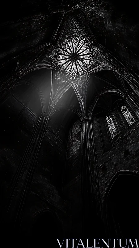 Gothic vaults drink starlight beneath a spectral rose window.