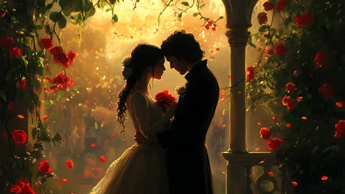 Silhouetted figures in architectural garden setting with red flowers.