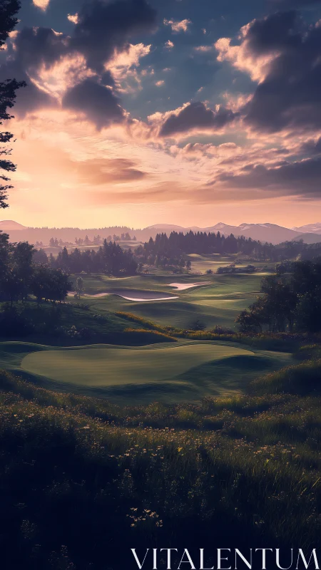 Sunset over rolling golf course with distant mountains.