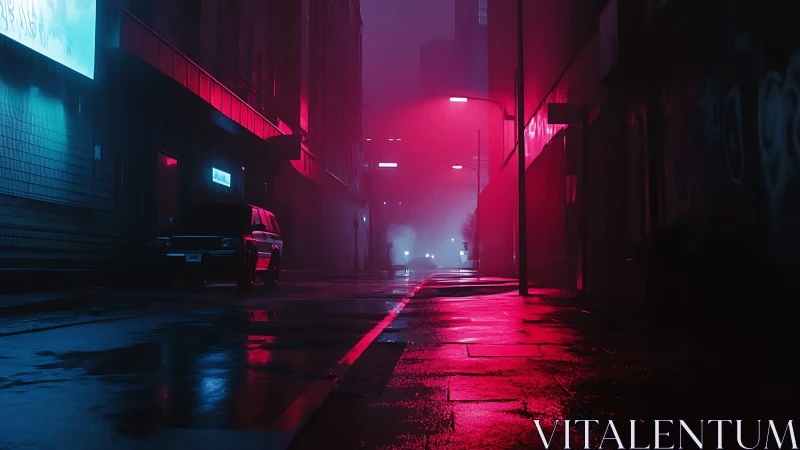 Wet urban alley is illuminated by red and cyan neon lighting