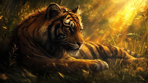 Majestic tiger rests in golden forest light and quiet power