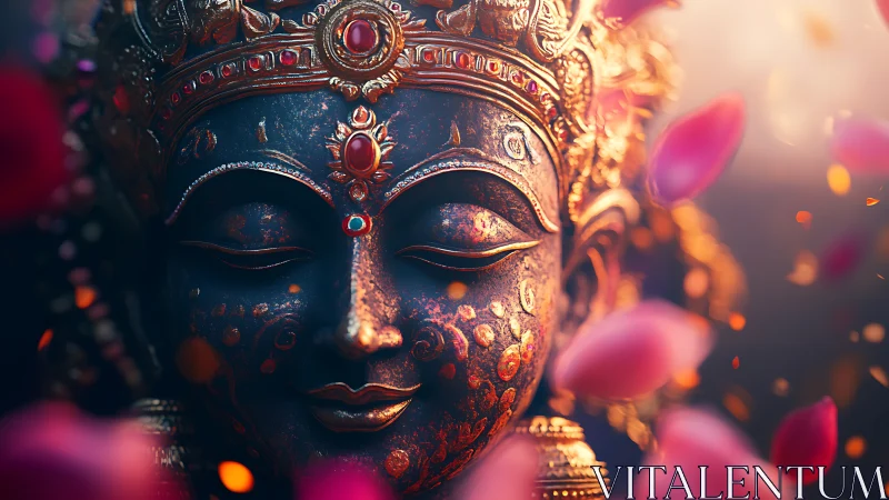 Ornate deity statue close-up with petals and warm light.