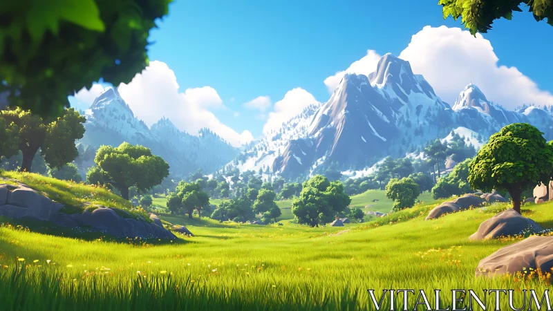 Digital landscape render shows grassy valley and snowy peaks