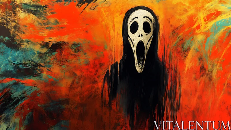 Howling mask drifts through a storm of molten color and fear.