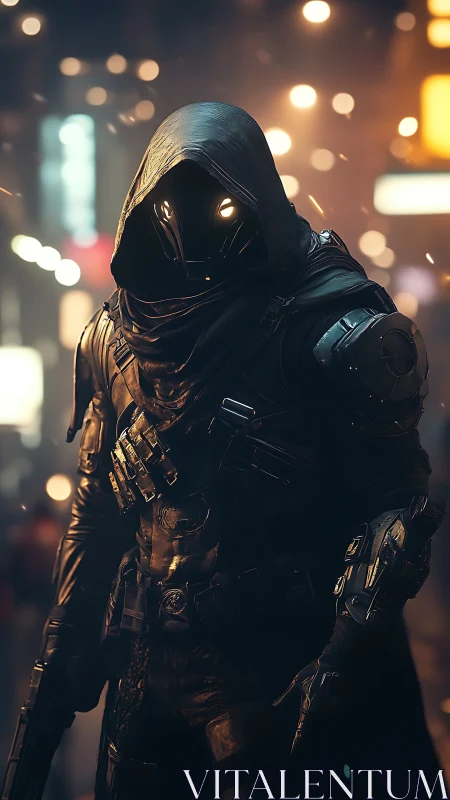 Cyberpunk hooded enforcer in neon-diffused urban bokeh frame.