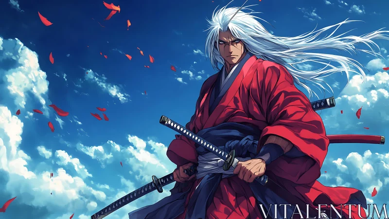 Storm-eyed swordsage amid sky-swept crimson petals.