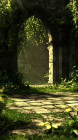 Sunlit ivy arch frames mossy stone courtyard path