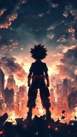 Silhouetted hero confronts burning futuristic city skyline.