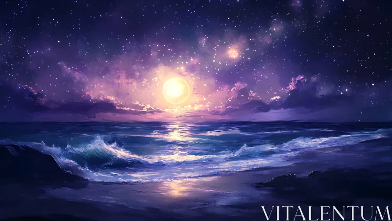 Lunar-illuminated ocean horizon rendered in luminous digital painting