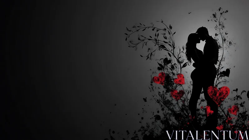 Silhouetted Romance Among Scattered Red Hearts.