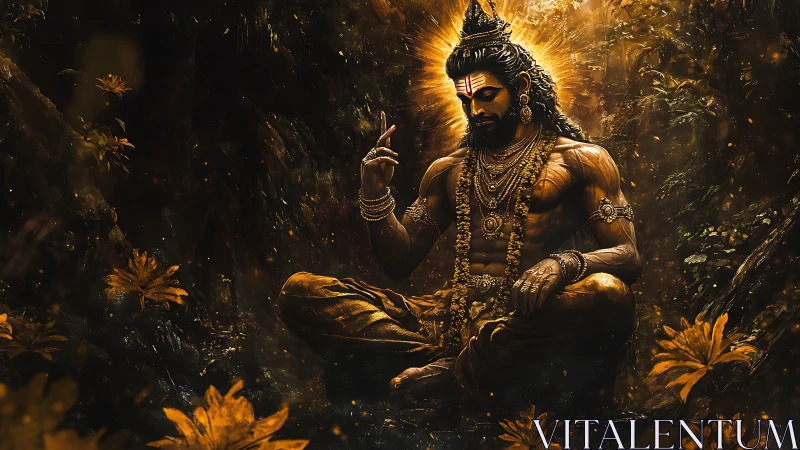 Meditating figure with ornate jewelry in glowing forest scene.