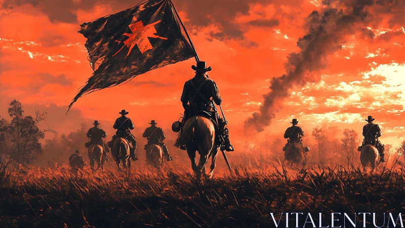Cinematic cavalry riders under blazing red frontier sky.