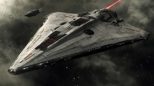 Massive triangular starship firing laser in deep space.