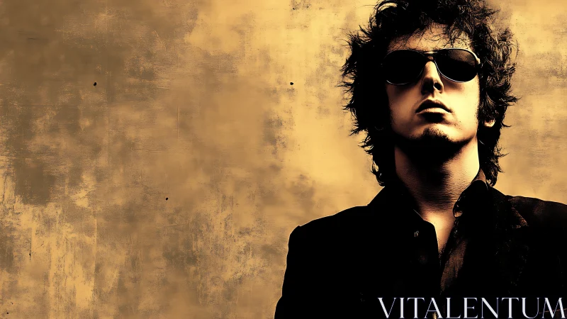 Moody portrait of man in sunglasses on textured gold wall.
