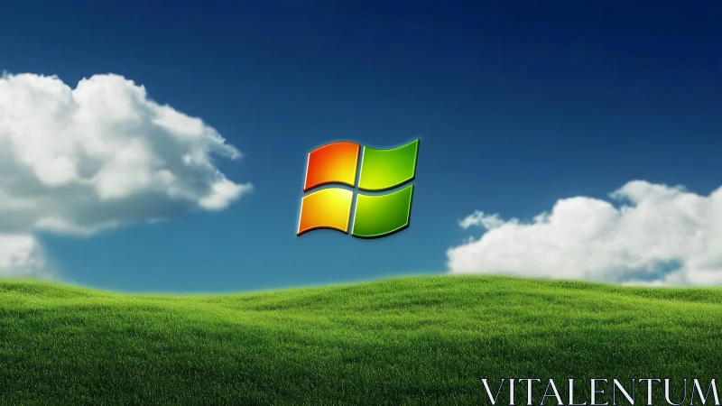 Windows logo on grassy hill with blue sky, digital art style.