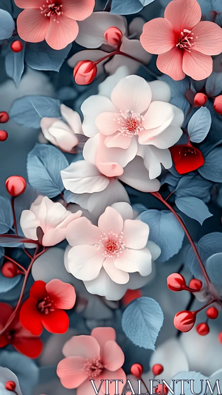 Three-Dimensional Floral Composition. Layered petals, coral and white blooms, steel-blue foliage, gl