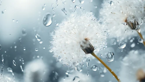 Dandelion Caught in Liquid Silence: Water Droplets Defy Gravity