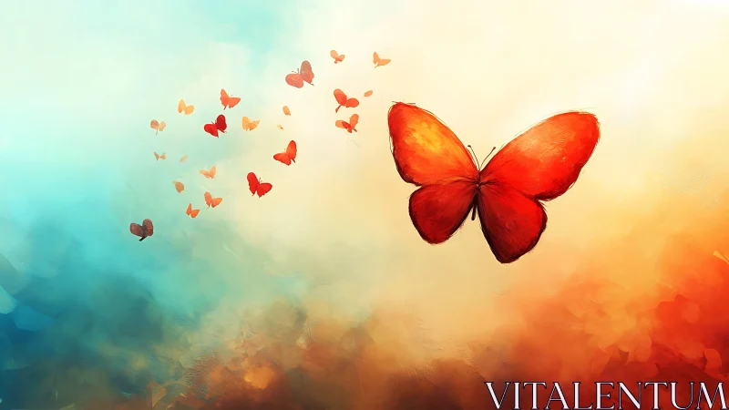 Red butterflies fly across warm gradient sky background