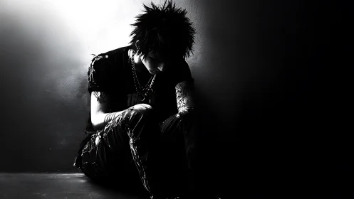 Solitary punk silhouette in stark monochrome lighting study.