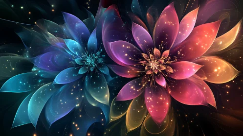 Bicolor fractal flower composition with luminous particle fields
