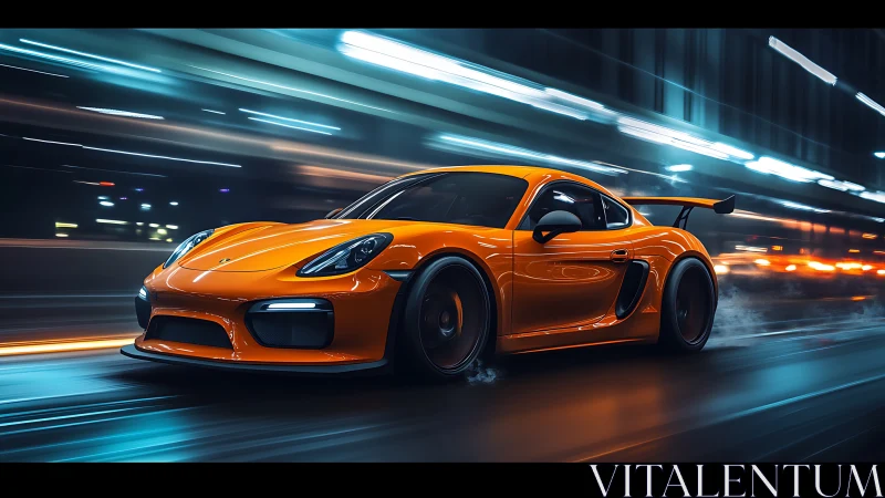 Orange track-focused sports coupe at speed on neon city highway