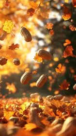 Macro depth-of-field peanuts and autumn foliage in warm light.